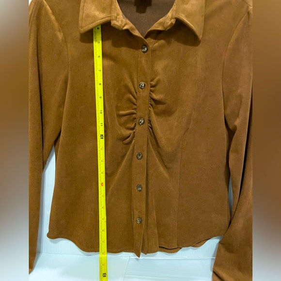 F.L.Malik Women’s Brown L/S Suede Stretch Button Up w/Collar Bell Sleeves Top S - Picture 8 of 16